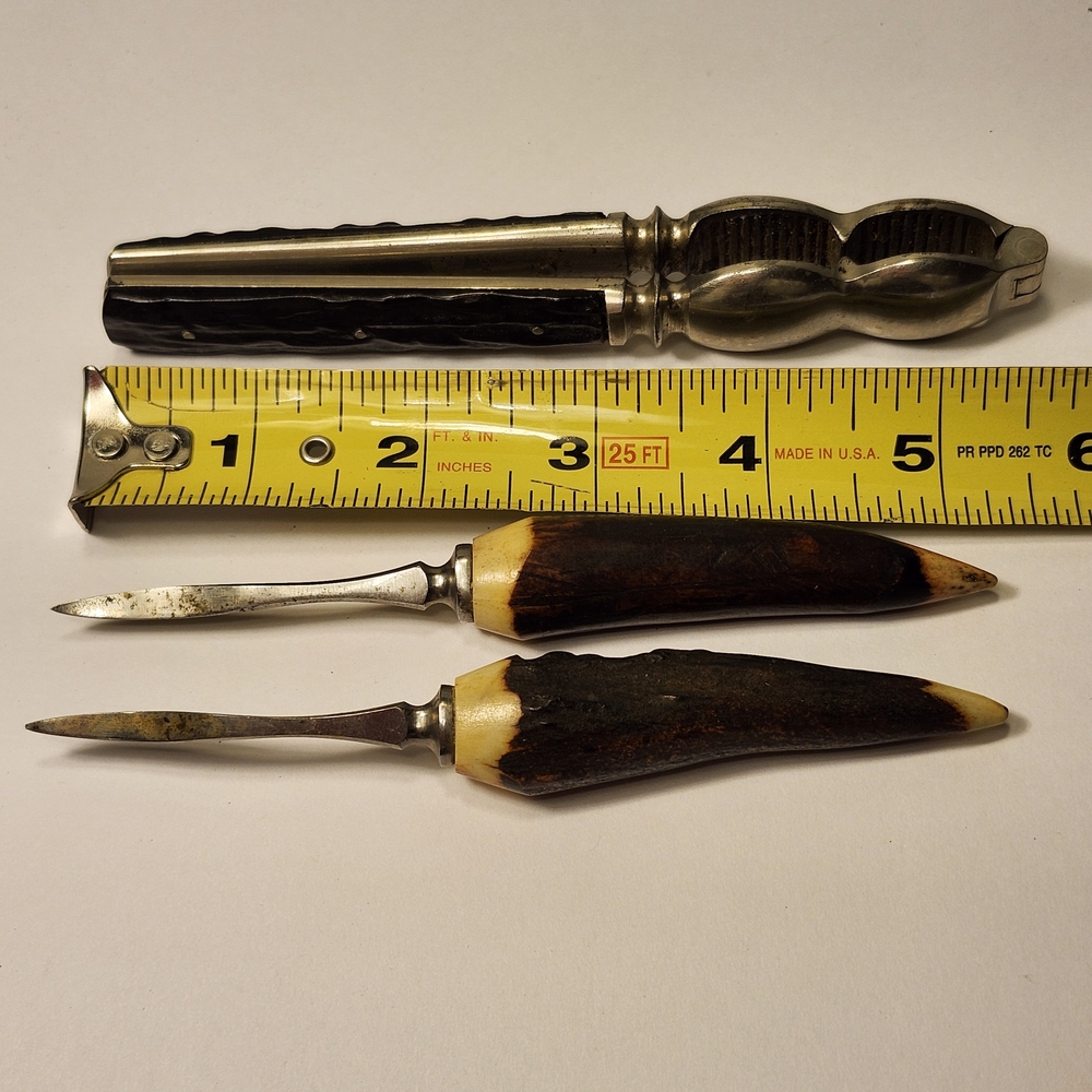 Vintage Black/Silver Nut/shell cracker/ & Pair Of Brown Antler Picks